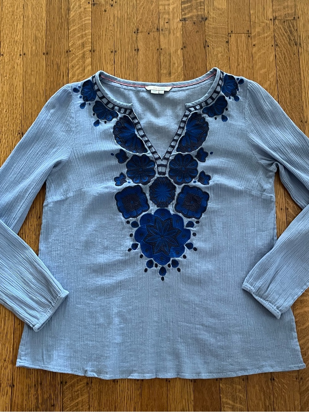 Boden Light Blue Tunic with Navy Floral Embroidery